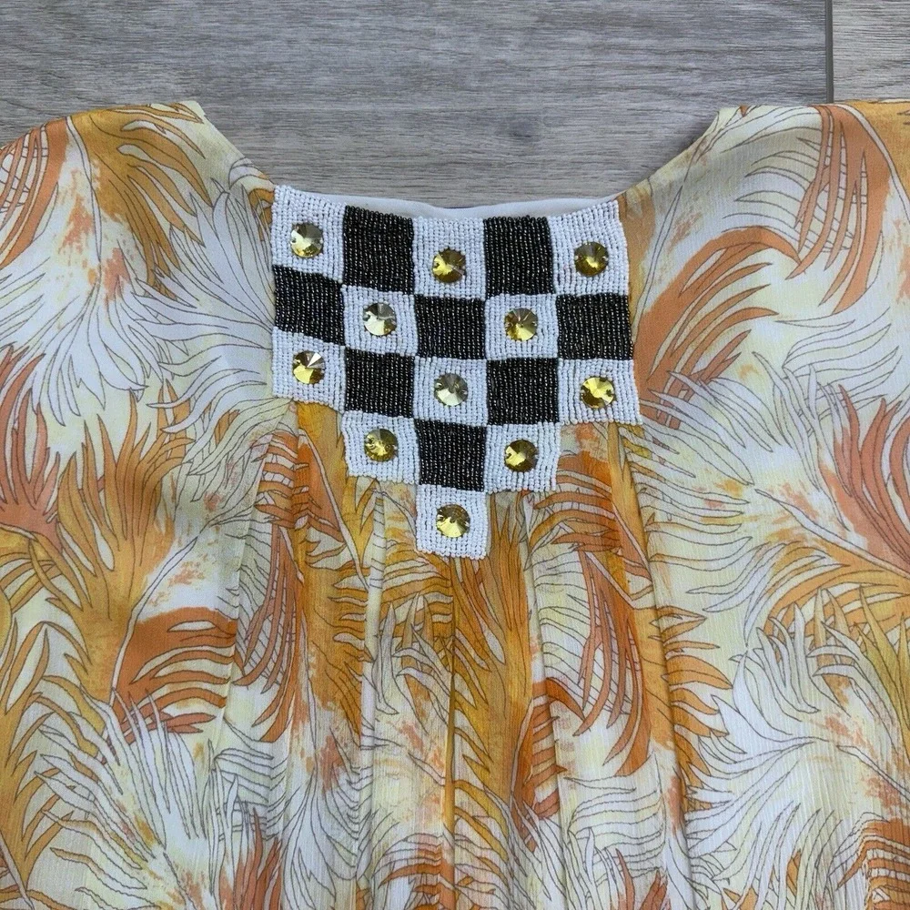 Calypso st‎ Barth Beaded Silk Split Neck Tunic Blouse Tropical Luxury Womens Med - Picture 9 of 16